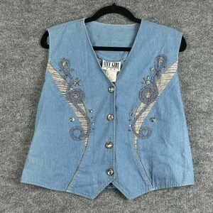 Vintage Embroidered Denim Vest with Button Closure